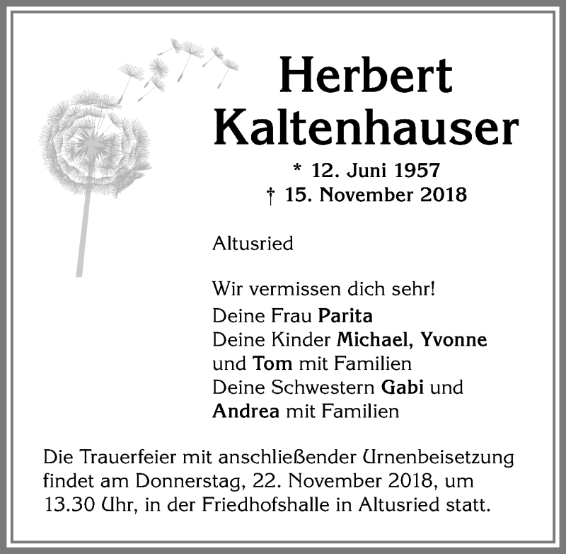  Traueranzeige für Herbert Kaltenhauser vom 19.11.2018 aus Allgäuer Zeitung,Kempten