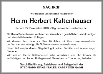 Traueranzeige von Herbert Kaltenhauser von Allgäuer Zeitung,Kempten