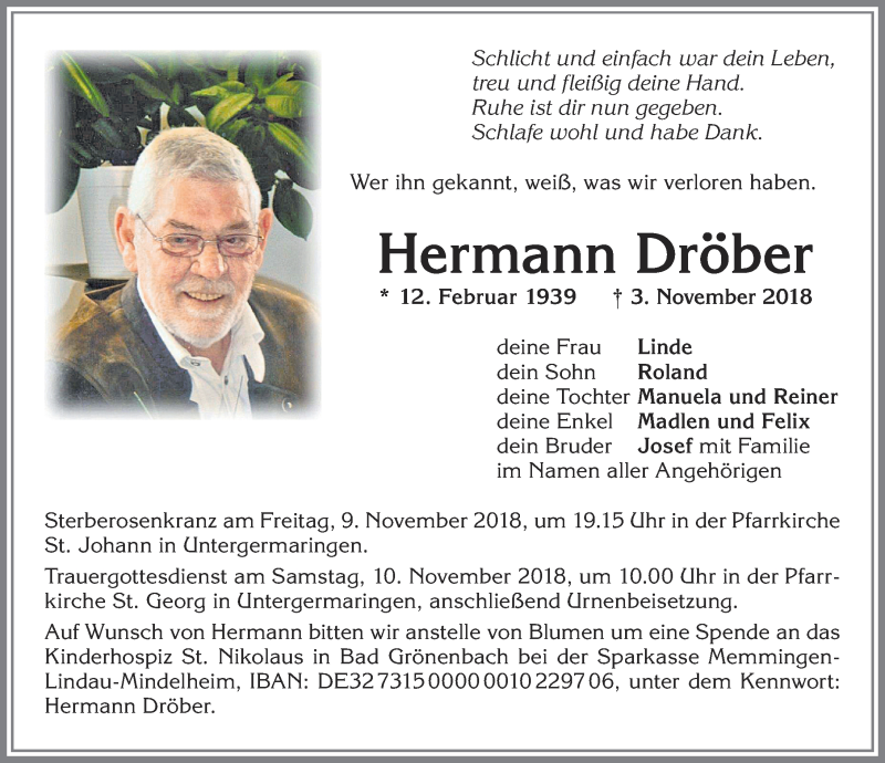  Traueranzeige für Hermann Dröber vom 07.11.2018 aus Allgäuer Zeitung, Kaufbeuren/Buchloe