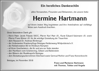 Traueranzeige von Hermine Hartmann von Allgäuer Zeitung,Kempten