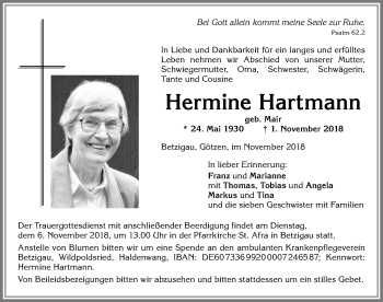 Traueranzeige von Hermine Hartmann von Allgäuer Zeitung, Gesamtausgabe