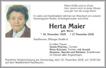 Traueranzeige von Herta Maier von Allgäuer Zeitung, Kaufbeuren/Buchloe