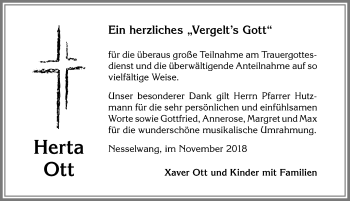 Traueranzeige von Herta Ott von Allgäuer Zeitung, Füssen