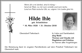 Traueranzeige von Hilde Ihle von Allgäuer Anzeigeblatt
