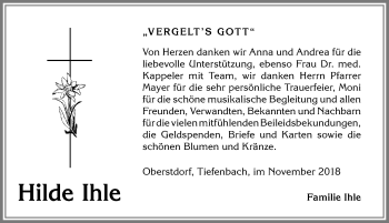 Traueranzeige von Hilde Ihle von Allgäuer Anzeigeblatt