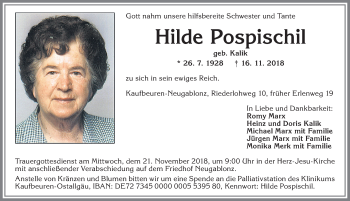 Traueranzeige von Hilde Pospischil von Allgäuer Zeitung, Kaufbeuren/Buchloe