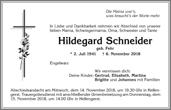 Traueranzeige von Hildegard Schneider von Allgäuer Zeitung