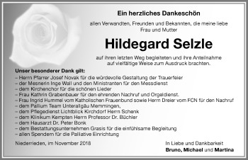 Traueranzeige von Hildegard Selzle von Memminger Zeitung