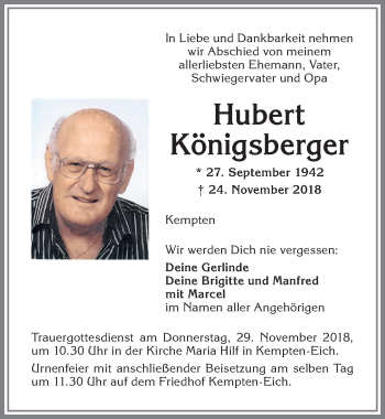 Traueranzeige von Hubert Königsberger von Allgäuer Zeitung,Kempten