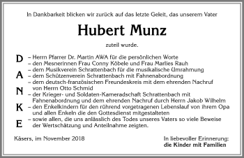 Traueranzeige von Hubert Munz von Allgäuer Zeitung,Kempten