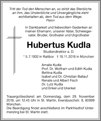 Traueranzeige von Hubertus Kudla von Allgäuer Zeitung, Füssen