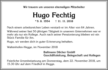 Traueranzeige von Hugo Fechtig von Allgäuer Zeitung,Kempten