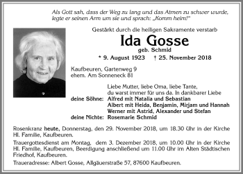 Traueranzeige von Ida Gosse von Allgäuer Zeitung, Kaufbeuren/Buchloe