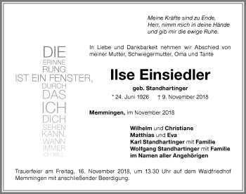 Traueranzeige von Ilse Einsiedler von Memminger Zeitung