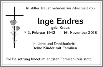 Traueranzeige von Inge Endres von Allgäuer Zeitung, Marktoberdorf
