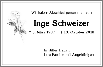 Traueranzeige von Inge Schweizer von Allgäuer Anzeigeblatt