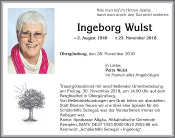 Traueranzeige von Ingeburg Wulst von Allgäuer Zeitung