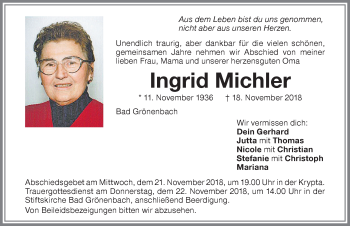 Traueranzeige von Ingrid Michler von Memminger Zeitung
