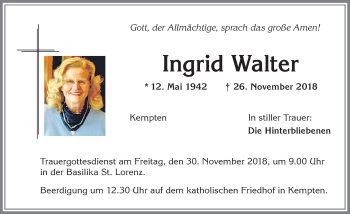 Traueranzeige von Ingrid Walter von Allgäuer Zeitung,Kempten