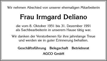 Traueranzeige von Irmgard Deliano von Allgäuer Zeitung, Marktoberdorf