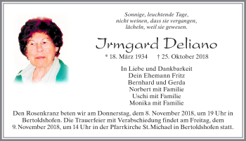 Traueranzeige von Irmgard Deliano von Allgäuer Zeitung, Marktoberdorf