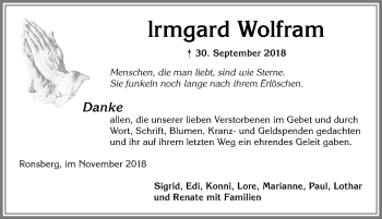 Traueranzeige von Irmgard Wolfram von Allgäuer Zeitung, Marktoberdorf