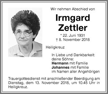 Traueranzeige von Irmgard Zettler von Allgäuer Zeitung,Kempten