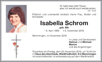 Traueranzeige von Isabella Schrom von Memminger Zeitung