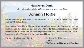 Traueranzeige von Johann Hößle von Allgäuer Zeitung, Füssen