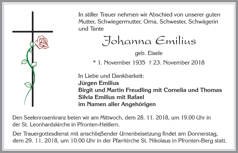  Traueranzeige für Johanna Emilius vom 27.11.2018 aus Allgäuer Zeitung, Füssen