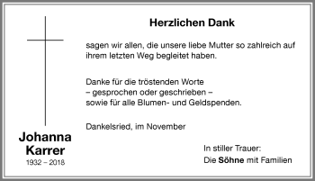 Traueranzeige von Johanna Karrer von Memminger Zeitung