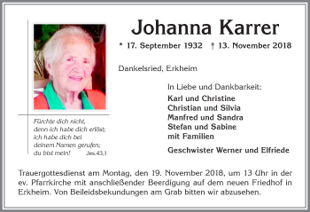 Traueranzeige von Johanna Karrer von Memminger Zeitung