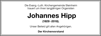 Traueranzeige von Johannes Hipp von Memminger Zeitung