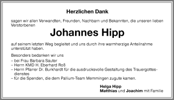 Traueranzeige von Johannes Hipp von Memminger Zeitung