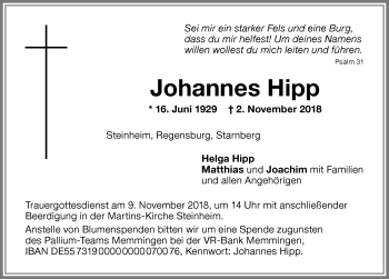 Traueranzeige von Johannes Hipp von Memminger Zeitung