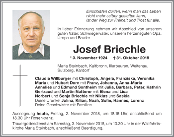 Traueranzeige von Josef Briechle von Memminger Zeitung