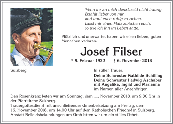 Traueranzeige von Josef Filser von Allgäuer Zeitung,Kempten
