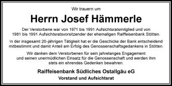 Traueranzeige von Josef Hämmerle von Allgäuer Zeitung, Marktoberdorf
