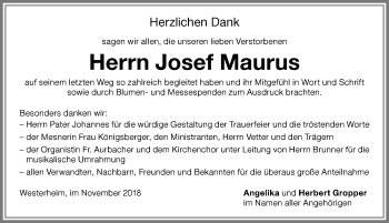 Traueranzeige von Josef Maurus von Memminger Zeitung
