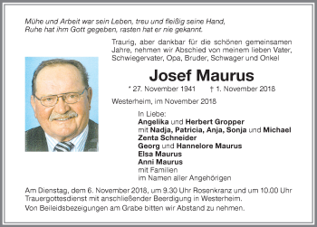 Traueranzeige von Josef Maurus von Memminger Zeitung