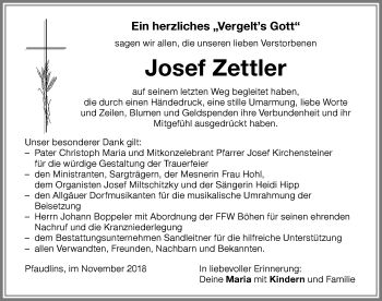Traueranzeige von Josef Zettler von Memminger Zeitung