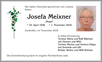 Traueranzeige von Josefa Meixner von Allgäuer Anzeigeblatt