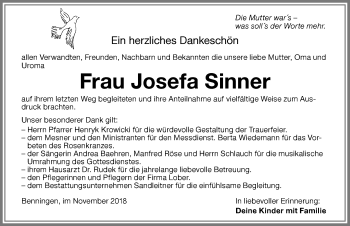 Traueranzeige von Josefa Sinner von Memminger Zeitung