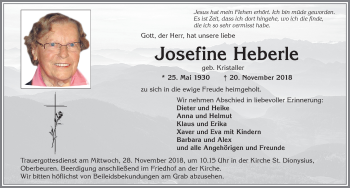 Traueranzeige von Josefine Heberle von Allgäuer Zeitung, Kaufbeuren/Buchloe