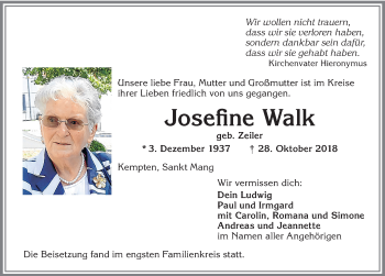 Traueranzeige von Josefine Walk von Allgäuer Zeitung,Kempten