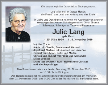 Traueranzeige von Julie Lang von Allgäuer Zeitung