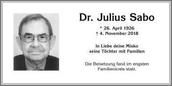 Traueranzeige von Julius Sabo von Allgäuer Zeitung, Kaufbeuren/Buchloe