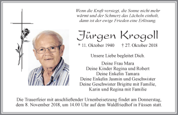 Traueranzeige von Jürgen Krogoll von Allgäuer Zeitung, Füssen