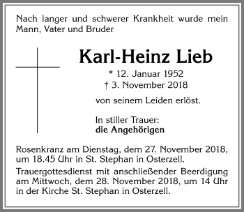 Traueranzeige von Karl-Heinz Lieb von Allgäuer Zeitung, Kaufbeuren/Buchloe