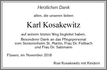 Traueranzeige von Karl Kosakewitz von Allgäuer Zeitung, Füssen